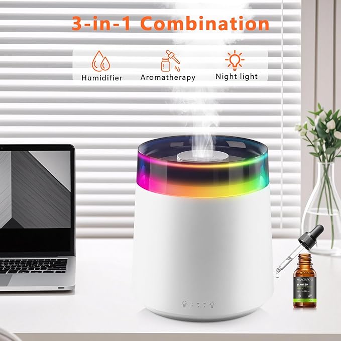 Humidifiers for Bedroom Home,3L Top Fill Cool Mist Humidifier for Baby Nursery,Essential Oil Diffuser for Large Room,3 in 1 uiet Ultrasonic Humidifier for,Office,Plant,Nursery,BPA FREE (White)