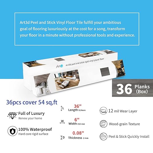 Art3d Peel and Stick Floor Tile Vinyl Wood Plank 36-Pack 54 Sq.Ft, Dusty Grey, Rigid Surface Hard Core Easy DIY Self-Adhesive Flooring