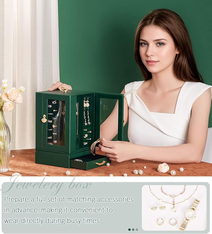 Jewelry Box large for Dresser: Women Necklace Ring Storage Organizer with Compartments - Elegant Earring Holder Display (Dark Green)