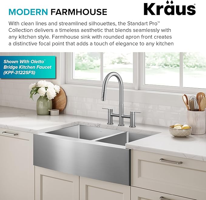 KRAUS Standart Pro 33-Inch Apron Front Farmhouse 16-Gauge 60/40 Double Bowl Stainless Steel Kitchen Sink, KHF203-33