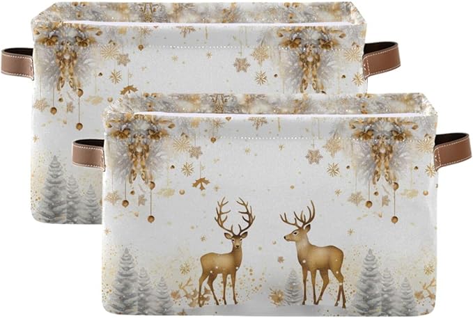 ALAZA Golden Reindeer Deer Merry Christmas Foldable Storage Box Storage Basket Organizer Bins with Handles for Shelf Closet Living Room Bedroom Home Office 2 Pack