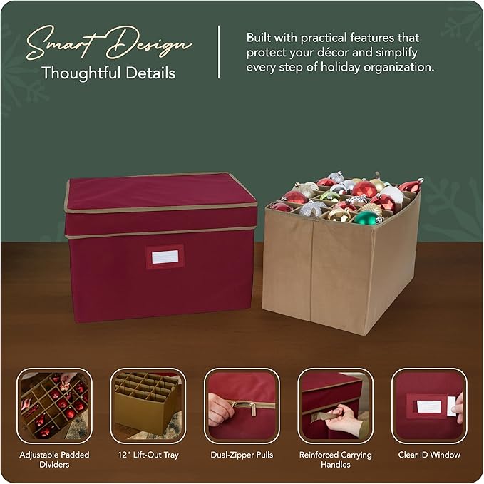 Covermates Keepsakes Adjustable Ornament Storage Box – Heavy-Duty Polyester, Padded Dividers & FlexGrid Trays – Protective Holiday Organizer with Stackable Walls & Label Window, Red