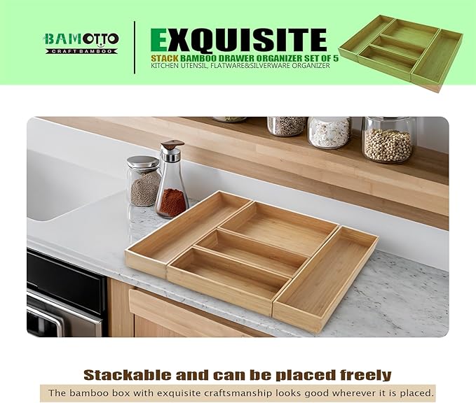 BAMOTTO CRAFTBAMBOO Stack Bamboo Drawer Organizer Set of 5, Kitchen Utensil, Flatware&Silverware Organizer-Wood Laminated Stackable for Kitchen, Bedroom, 13.4''x4.5''*2+10.2''x3.3''*2+10.2''x6.7''*1