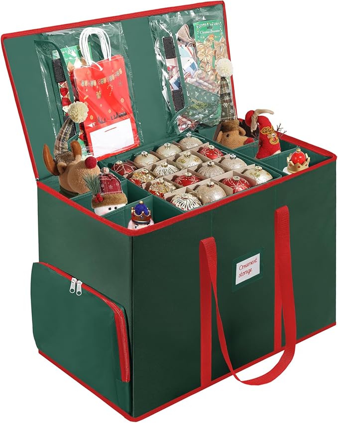 Premium 2-in-1 Large Christmas Ornament Storage Box & Xmas Figurine Container, Nutcracker Storage with Adjustable Dividers,5 Separate Trays Keep 73 Holiday Ornaments, 600D Tear-Proof Oxford, Foldable