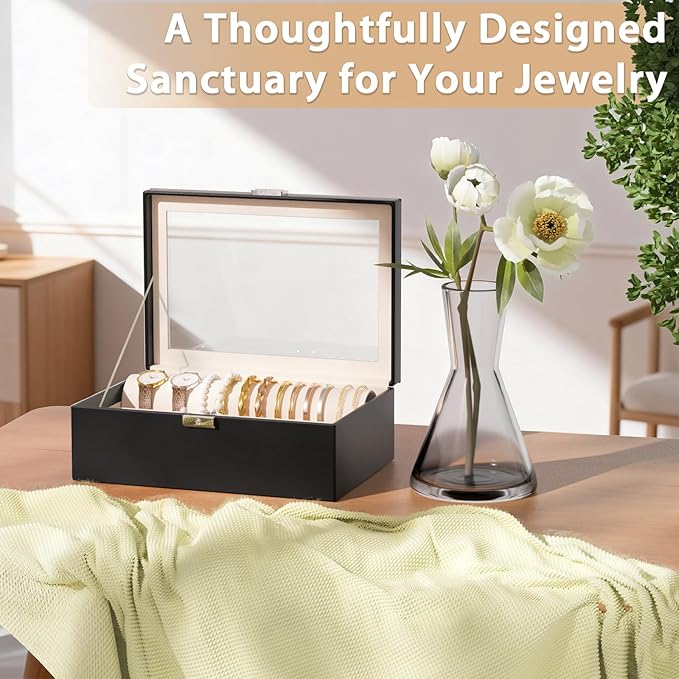 Jewelry Organizer Box with Clear Glass Lid, Bracelet Holder Jewelry Storage Case for Earrings, Rings, Bangles, Watches - PU Leather Jewelry Display Box Gifts for Women Girls, Black