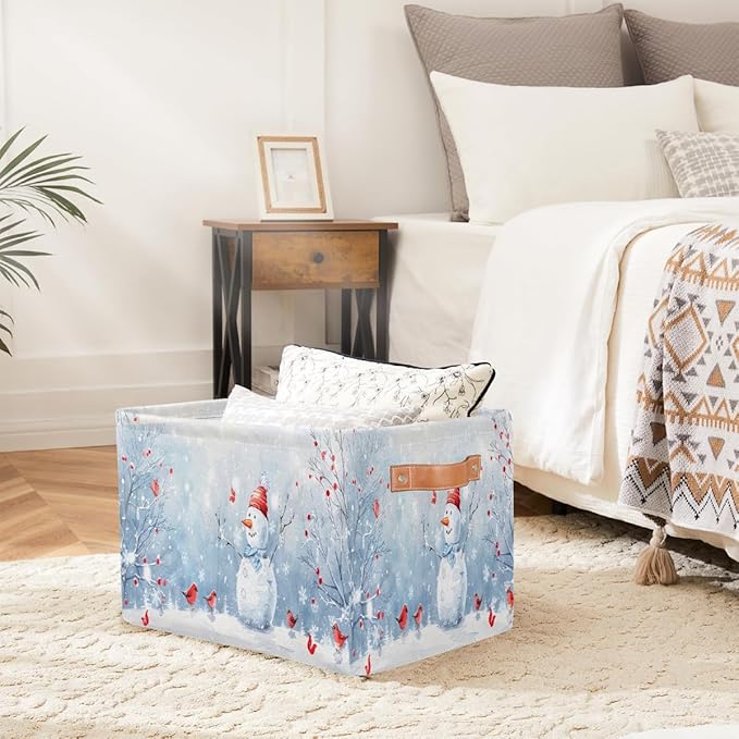 Storage Baskets Bin, Christmas Winter Snowman Collapsible Canvas Fabric Storage Bin Decorative Baskets Toy Organizer Rectangle Storage Boxes with Handles for Home Shelves Nursery, J-019