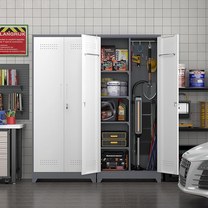 73" H Broom Closet Storage Cabinet, Metal Storage Cabinet with Adjust Shelves,Utility Cabinet,Utility Closet for Garage,Gray-White