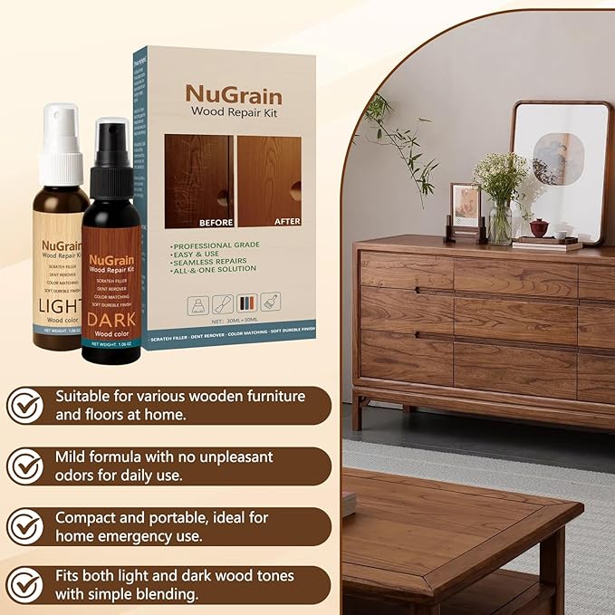 NuGrain Wood Repair, Professional Wood Floor Scratch Repair, Easy-Fix Wood Furniture Repair, Floor Cover Nicks and Scratches, Hides Minor Defects, Restore a Finish for Wood, Floors,Tables (1)