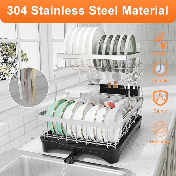 Dish Drying Rack - 2-Tier 304 Stainless Steel Dish Rack for Kitchen Counter , Adjustable Spout Auto-Draining Dish Rack, Kitchen Organizers and Storage Rack with Drainboard and Cutlery Holder Black