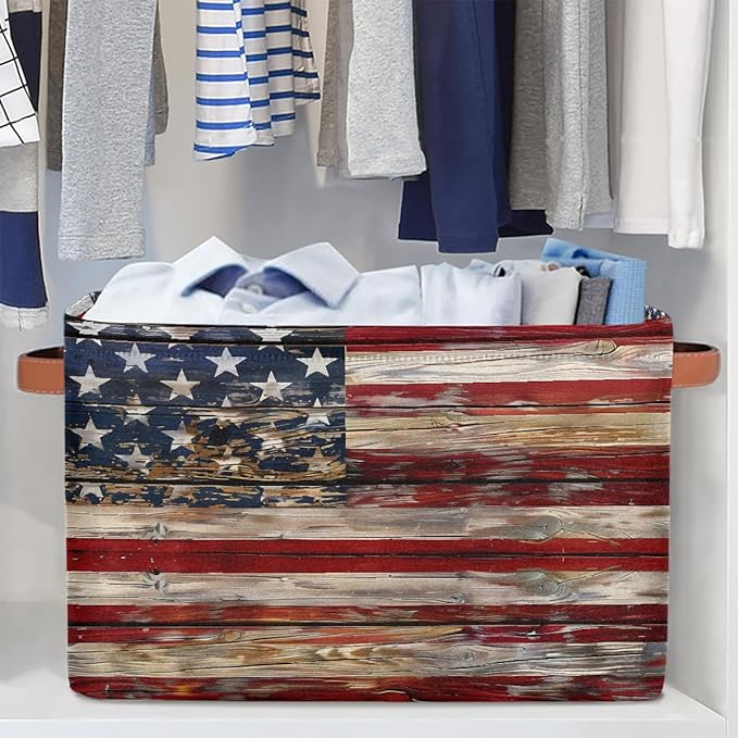 American Flag Storage Basket for Shelves, Storage Bins with Handles, Collapsible Basket for Organizing, Closet Toy Baskets for Nursery Room, 15x11x9.5 in, Canvas, Old Wooden USA Flag