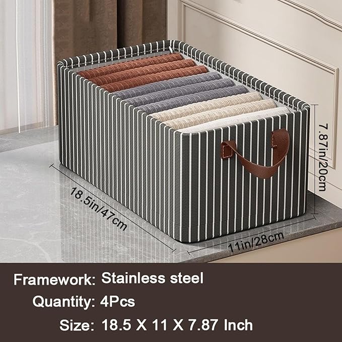 4PCS Closet Clothes Organizer Dustproof Sturdy Storage Baskets Bins 26L Foldable Shelf Containers Bin Support Boards Dust Lid Steel Frame for Sweater Pants T-shirt Dress (Black-white Stripes - No Lid)