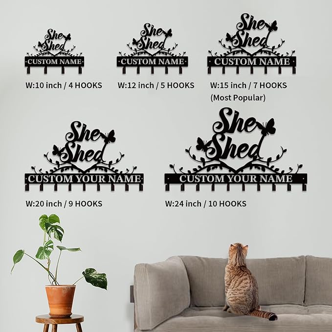 Personalized She Shed Metal Keys Hooks,Custom Name Metal She Shed Keys Hooks,Black Metal She Shed Wall Home Storage Decorative Keys Hooks,Key Holder Hooks for Wall (Style F)