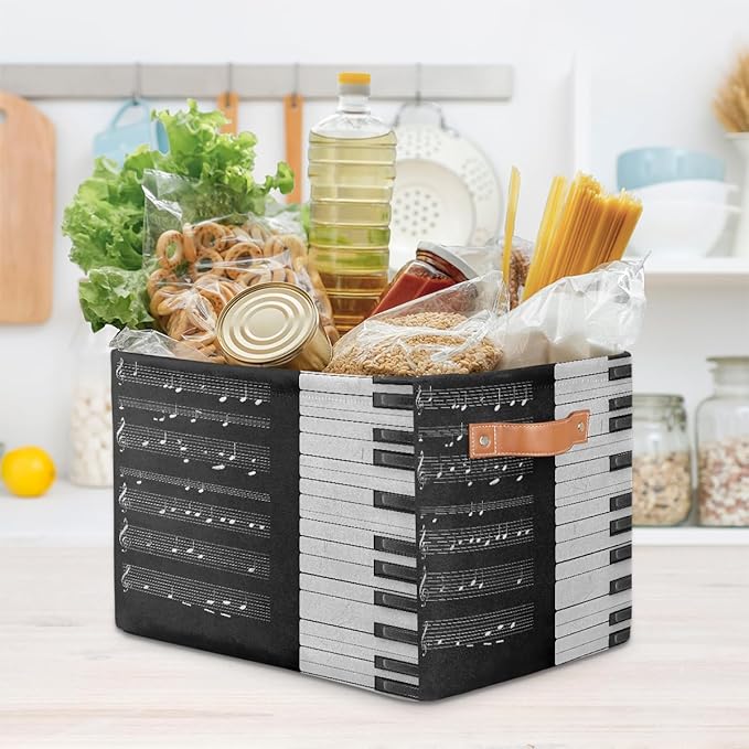 Music Notes Storage Basket for Shelves, Storage Bins with Handles, Collapsible Basket for Organizing, Closet Toy Baskets for Nursery Room, 15x11x9.5 in, Canvas, Music Pinao