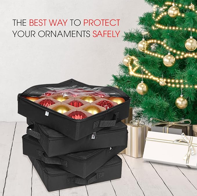 ProPik 4 Pcs Christmas Ornament Storage Boxes with Dividers | 4 Individual Trays Hold 64 Holiday Decoration Balls | Durable Ornaments Organizer Storage Box | Zippered Closure with Handles (Black)