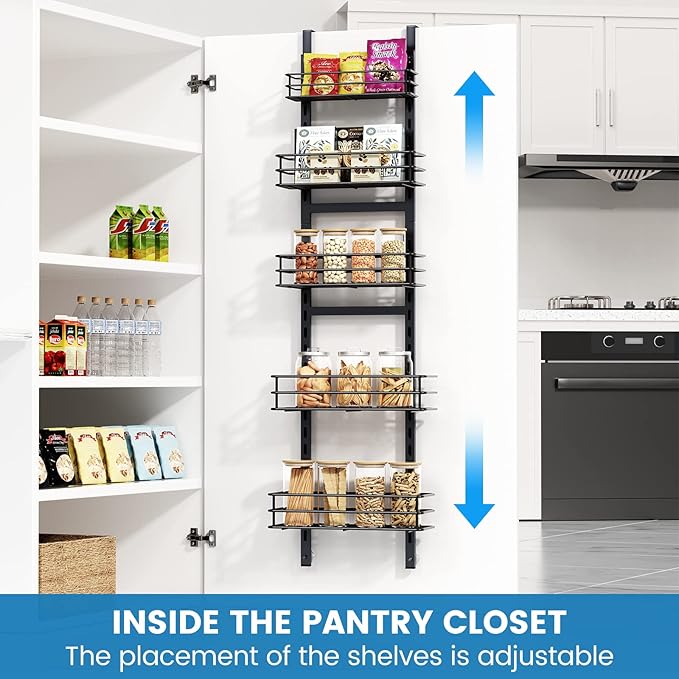 Purdaz Adjustable 5-Tier Over the Door Pantry Organizer, Spice Rack, Narrow Hanging Shelf for Kitchen Storage and Organization