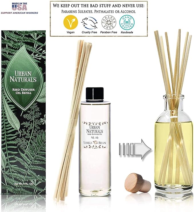 Urban Naturals Vanilla Bean Scented Oil Reed Diffuser Refill | Includes a Free Set of Reed Sticks! Vanilla Cream, Amber & Sweet Tonka Bean, 4 oz.