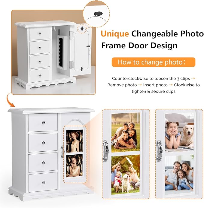 VINGLI Jewelry Box with Photo Frame, White Jewelry Organizer for Women, Arched Wooden Keepsake Case with 4 Drawers, Rotating Necklace Hooks & Velvet Lining, Vintage Gift for Girls Bedroom