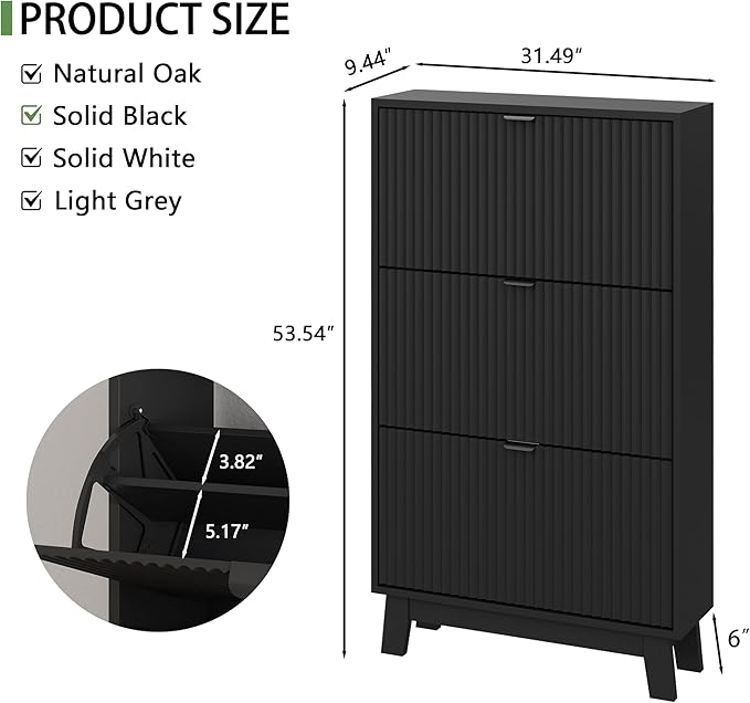 Shoe Cabinet with 3 Flip Drawers, 54" Tall Narrow Fluted Shoe Storage Organizer for Entryway, Hidden Slim Wooden Shoe Rack Cabinet for Front Door Entrance, Hallway, Living Room, Solid Black