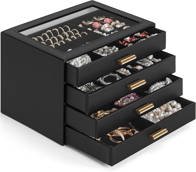 AKOZLIN Jewelry Box with Clear Lid Functional Leather Jewelry Storage Organizer Case 4 Drawers for Women Girls Necklace Ring Bracelet Earring