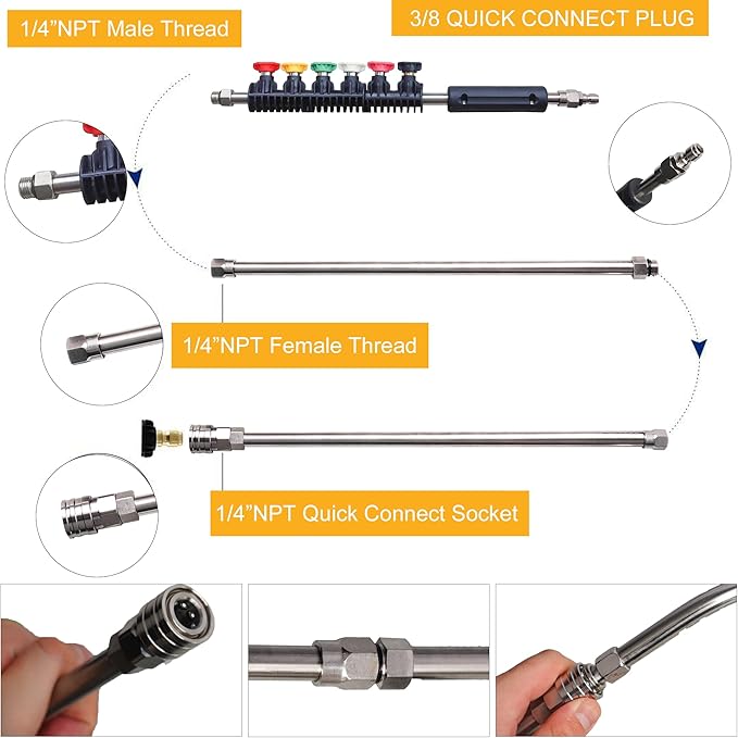 Xiny Tool Pressure Washer Extension Wand, 10 Pack Power Washer Lance with 5 Atomization Nozzle Tips,1 Gutter Cleaner Attachment Curved Rod, 1/4" Quick Connect, 4000 PSI