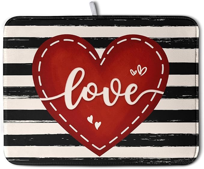 Kwlegh Valentine's Day Dish Drying Mat for Kitchen Counter 18x24 Black White Stripes Red Love Heart Dishes Drainer Mats Absorbent Dish Pad Large Dish Draining Mat for Coffee Bar