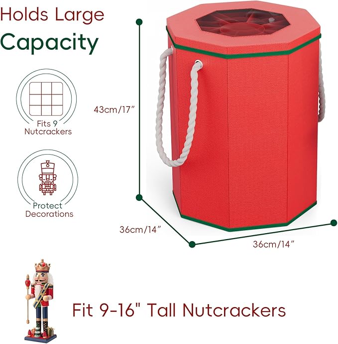 VERONLY Nutcracker Storage Box, Octagonal Figurine Collectible Organizer with Clear Top & Handles, Christmas Decor Storage for 9-16" Holiday Figurines and Soldier Dolls Collection