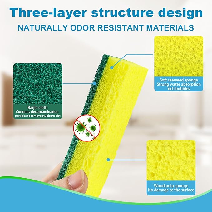 POWOBEST 24 Pack Heavy Duty Scrub Sponges,Multi-Purpose Kitchen Sponge, Efficiently Clean The Surface Stains,Used for Clean Kitchen Pots,Bowls,Bathrooms,Tiles,Wall Good Helper for Home Cleaning