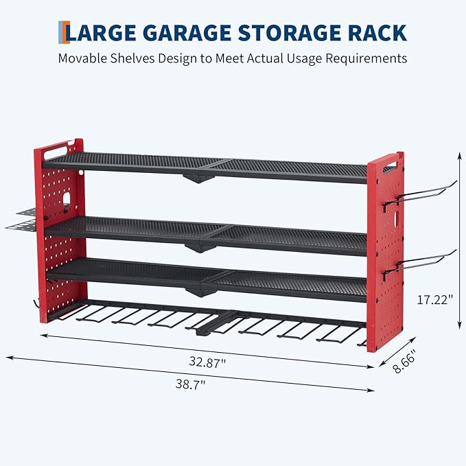 Festisoul Heavy Duty Wall Mount Tool Organizer Rack, 4-Tier Metal Garage Storage with 8 Drill Slots & Hooks, 240 Lbs Capacity Power Tool Organizer for Workshop, Garage, Gift for Men