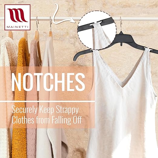 Mainetti 484 Black Plastic Hangers - 100 Pack with Rotating Metal Hook and Notches for Straps, Great for Shirts/Tops/Dresses, 17-Inch