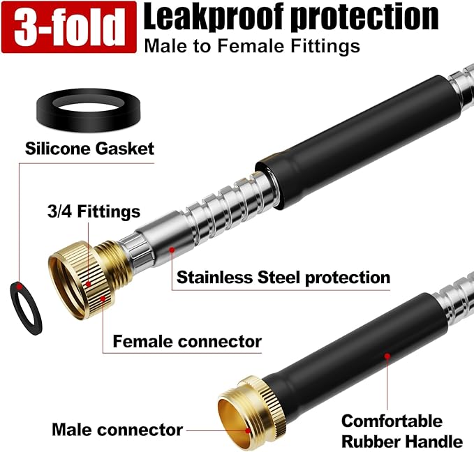 Beitopamz Garden Hose 25 ft, Stainless Steel Metal Water Hose with Nozzle, Flexible and Durable, Rust Proof, No-Kink, Heavy Duty, Leakproof 3/4'' Brass Fittings, Lightweight Hose for Patio, Lawn