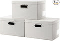 PRANDOM Storage Bins with Lids [3-Pack] Linen Fabric Foldable Storage Boxes Organizer Containers Baskets Cube with Cover for Bedroom Closet Office Beige（11.4X8.6X6.7