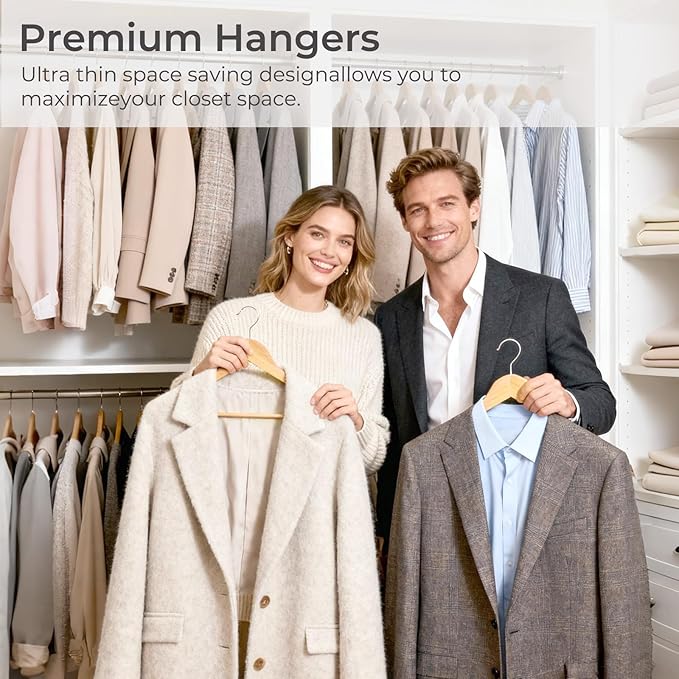 HOUSE DAY Premium Wooden Coat Hangers 100 Pack, Heavy Duty Solid Wood Clothes Hangers with 360° Swivel Hook & Pant Bar for Jackets, Dress, Shirts, Natural Wood Suit Hanger for Closet Organizer