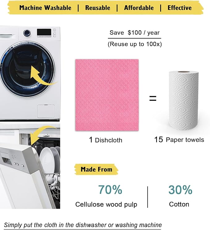 MoLKENE Swedish Dishcloths - 10 Pack Reusable Kitchen Dishcloths - Ultra Absorbent Dish Towels for Washing Dishes - Cellulose Sponge Cloth Cleaning Cloths - Pink