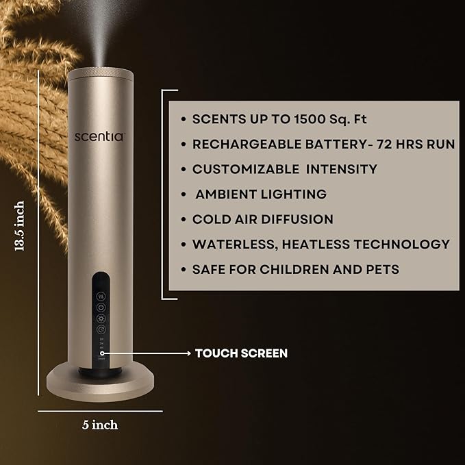 Scentia Hotel Scent Diffuser Starter Kit | Wireless & App Controlled Cold Air Essential Oil Diffuser for Home, Office Spa, Aromatherapy Diffuser | Covers 1500 Sq Ft | Gold | Hotel Oils Included