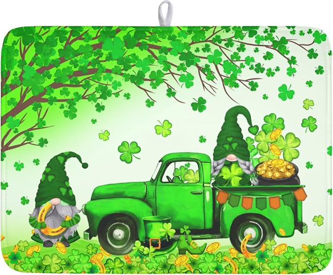 Kwlegh St Patrick's Day Shamrock Dish Drying Mat for Kitchen Counter Green Gnome Truck Dish Dry Mat St Patrick Spring Drying Mats Microfiber Absorbent Dish Drainer Rack Mat Large 18x24 Inch