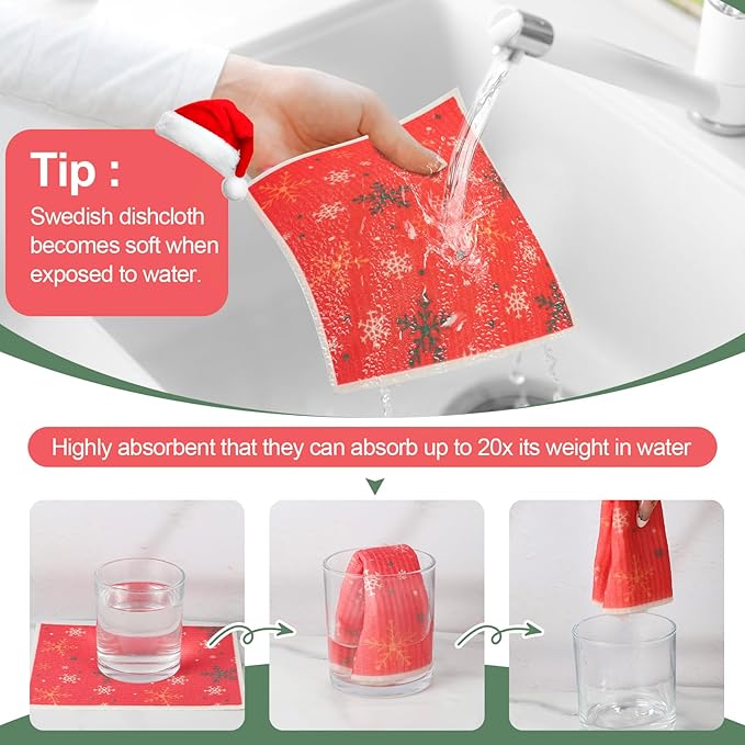 6 Pack Christmas Swedish Dishcloths for Kitchen, Snowflake Elk Xmas Tree Reusable Paper Towels with Adhesive Clips, Stocking Stuffers for Adults Absorbent Cellulose Sponge Cloths for Cleaning Kitchen