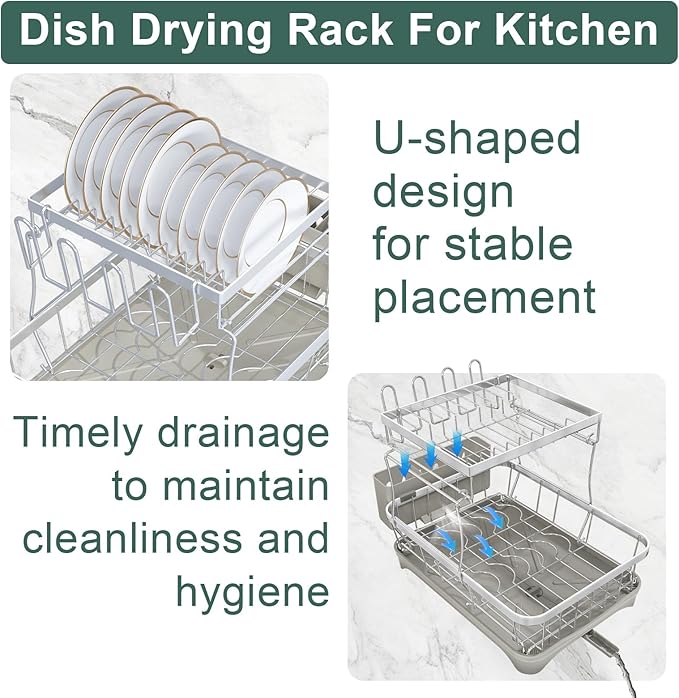 LIYI Dish Drying Rack,Large Dish Rack for Kitchen Counter,2-Tier Dish Racks with draining Tray,Detachable Capacity Dish Drainer Organizer,Grey