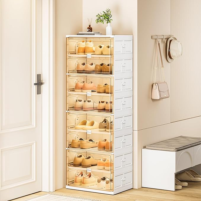 JEKO&JEKO 8-Tier Foldable Shoe Storage Box with Magnetic Doors, Large Stackable Shoe Organizer Cabinet for Entryway (White)