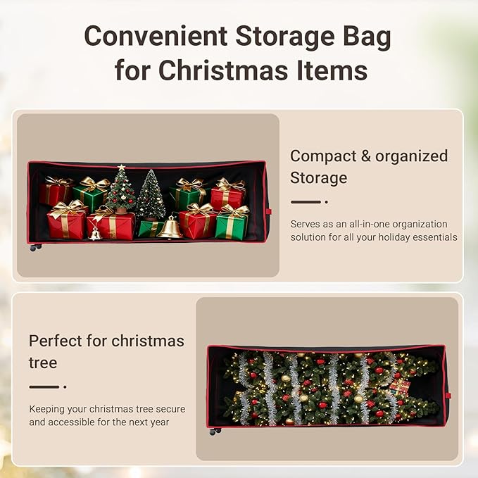 ELYKEN Christmas Tree Storage Bag with Wheels, Rolling Storage Bag for Artificial Christmas Tree and Decorations, Heavy Duty 600D Oxford Fabric, Length-Adjustable Handles, 16x20x64in, Black