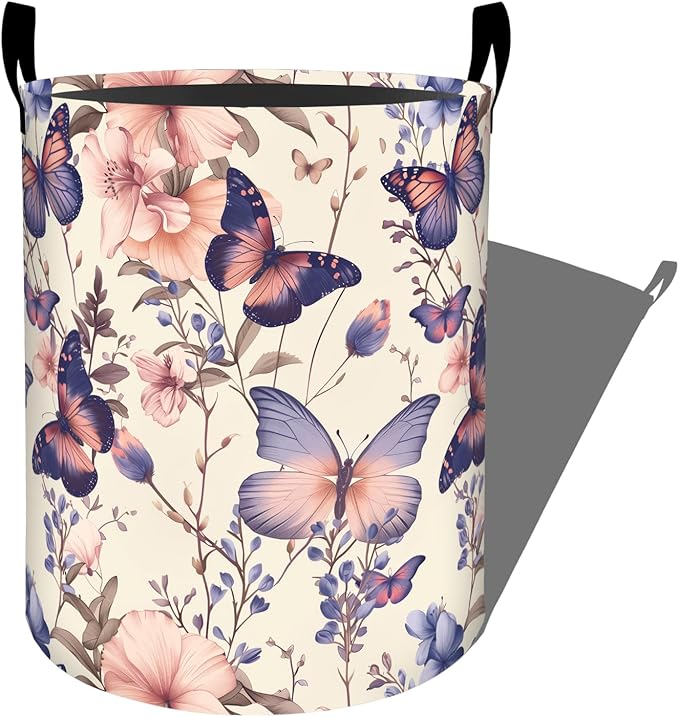 Elegant Butterfly and Pink Flowers Laundry Basket with Handles, 19.7"x15.7" Clothes Foldable Laundry Hamper Organizer for Dorm Nursery Bedroom Bathroom Decor, Toy Storage Bin for Kids