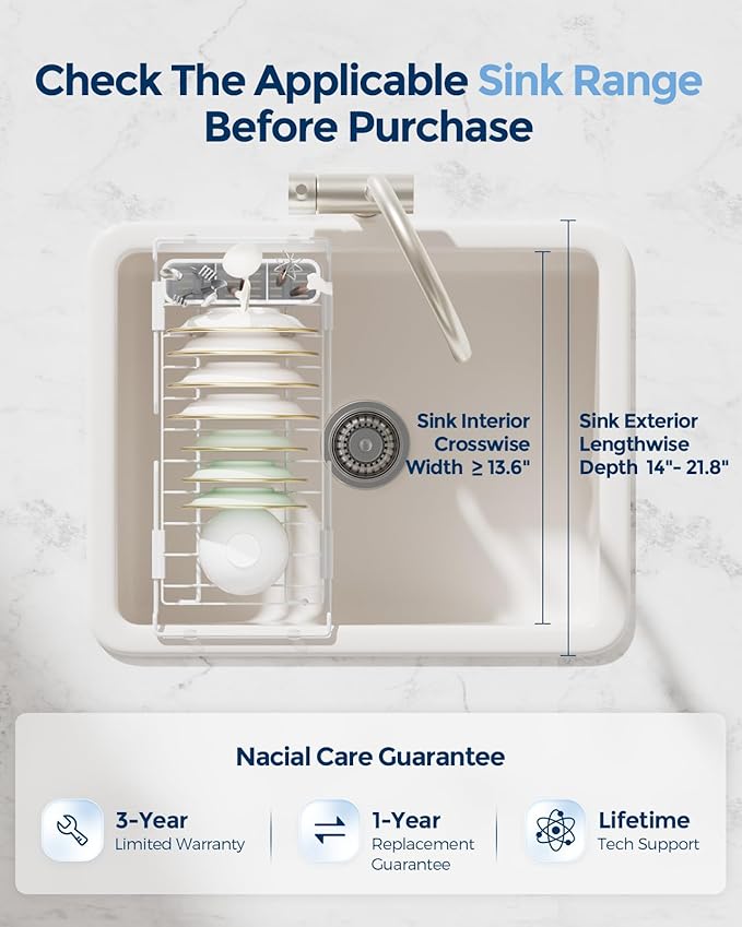 Nacial 2-in-1 Small Dish Drying Rack Fits 14''–21.8'' Sink, Dish Drainers for Kitchen Counter Extend Kitchen Sink Drain Basket with Utensil Holder & Auto-Drain Tray, Stainless Steel Plate Rack, White