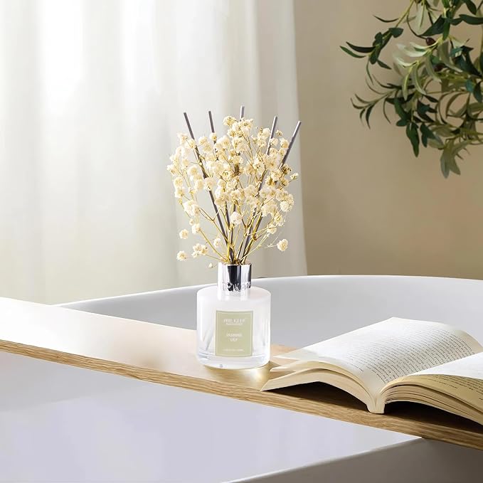 Airkeep Reed Diffuser Set, 3.38 fl oz (100 ml) - Jasmine Lily Lemon Oil Diffusers with 8 Reed Sticks, Home Fragrance Reed Diffuser for Bathroom Shelf Decor