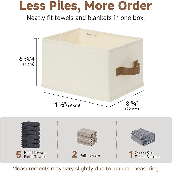 StorageWorks Storage Baskets for Shelves, Foldable Fabric Closet Storage Bins with PU Handles, Fabric Storage Bins Clothes Organizer, Ivory White, 3-Pack, Small