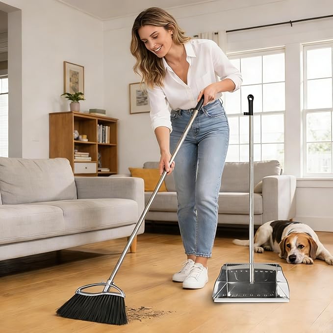 Indoor Broom and Dustpan Comb Set,Heavy Duty Stainless Steel Metal Dust Pan with Long Handle Sweeping Soft Bristles Broom for Floor Home Lobby Office