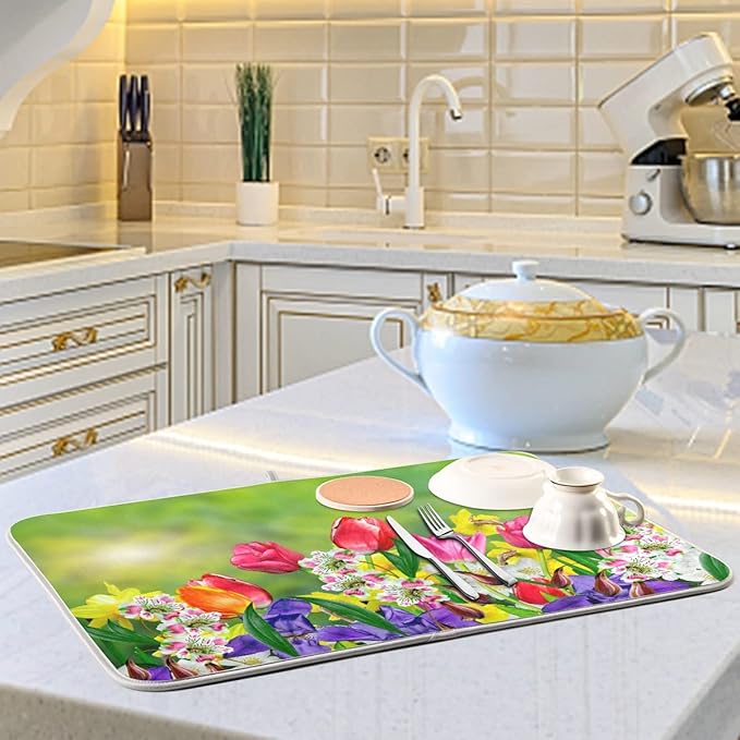 Daffodils and Tulips Flowers Dish Drying Mat 16x18 for Kitchen Counter Spring Floral Green Leaves Dishes Pad Absorbent Fast Dry Dish Draining Mats Medium Kitchen Accessories