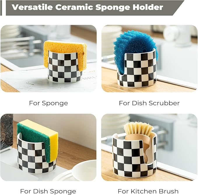 Zoeeker Checkered Kitchen Sink Sponge Holder, Dish Sponge Rack Ceramic Brush Holder Farmhouse Kitchen Dish Rack for Brush, Scrubbers, Bathroom, Sink, Black and White