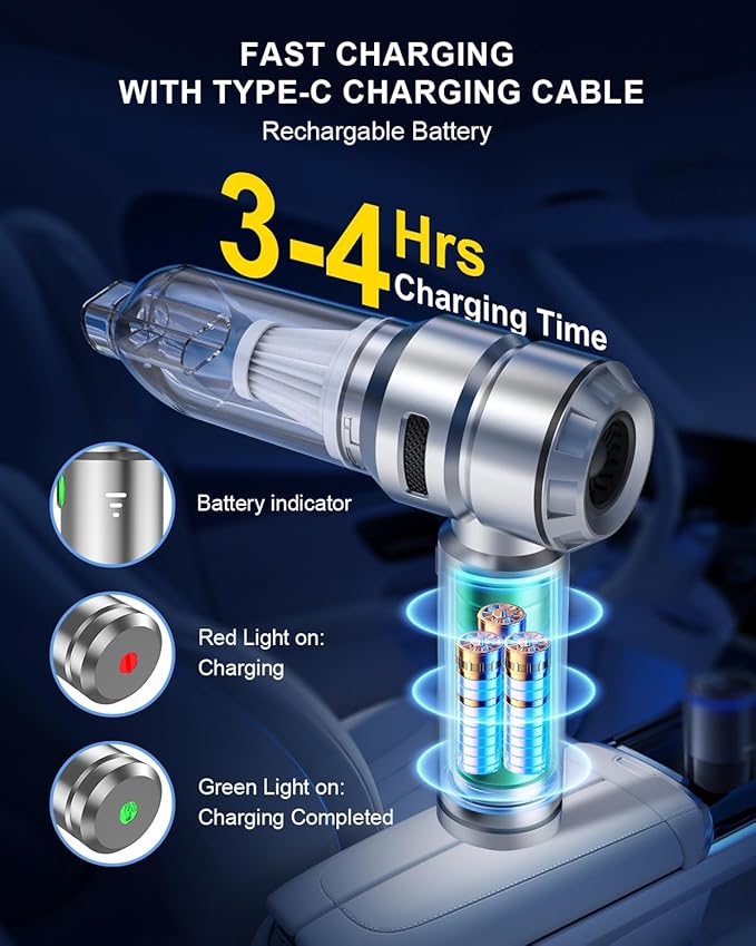 VNOST Car Vacuum,3 Suction Modes,Portable Mini Cordless Cleaner with 21000pa Suction Power,Type-C Charge,Handheld Vacuum for Home,Car, Office Desk, Keyboards(Fantasy Silver)