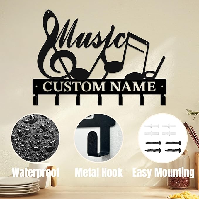 Personalized Custom Music Wall Hooks,Metal Music Room Art Clothes Hooks,Metal Music Wall Home Storage Decorative,For Front Door, Hallway, Kitchen, Bedroom,Keys,Hats (Style J)