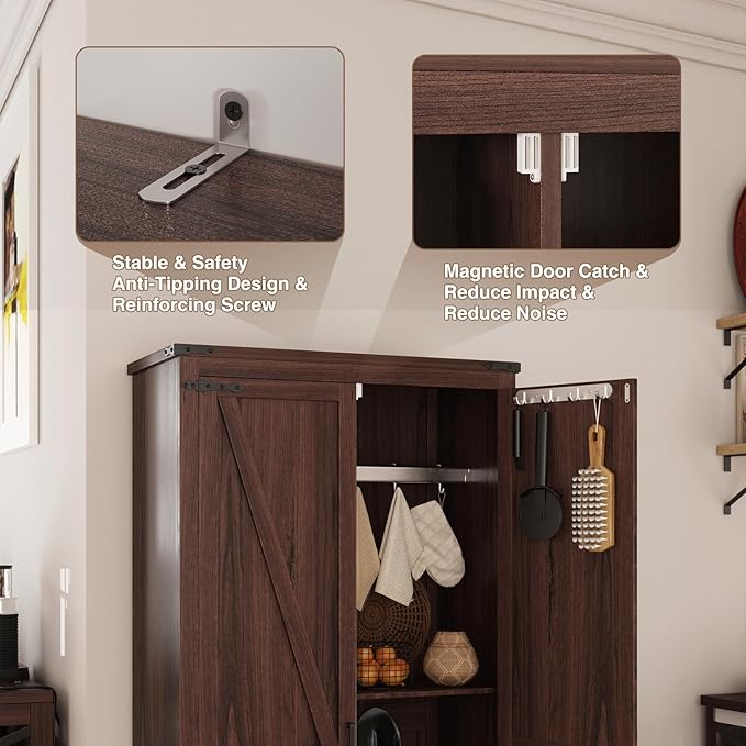 Farmhouse Storage Cabinet with Adjustable Shelves, Large Pantry Organize with 2 Barn Doors, Tall Freestanding Cabinet for Kitchen, Bathroom, Garage, Basement, Living, Utility Room, Brown | Adjustable Shelves, Large Pantry, 2 Barn Doors