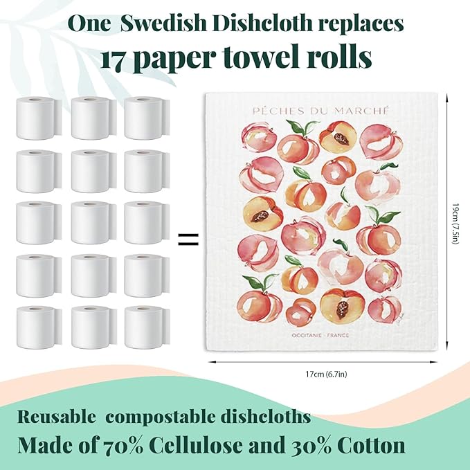 LARTSFRO Swedish Dishcloths for Kitchen, Papaya Reusable Paper Towels Washable, Cucina Doliva Oranges Peach Lemon Swedish DishCloths for Friut, 4 Pack Dish Towels for Kitchen